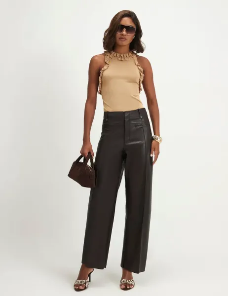 River Island Leather Look Slim Fit Cropped Trousers Dark Brown