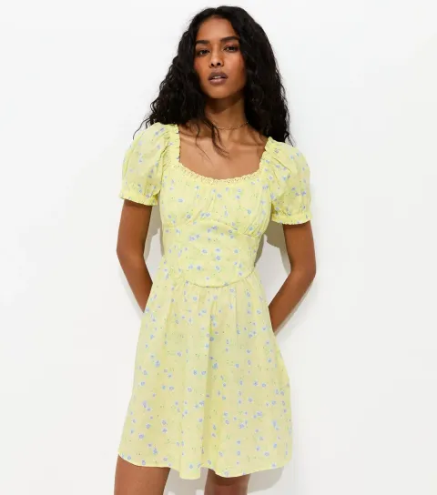Women's Light Yellow Floral Print Milkmaid Mini Dress
