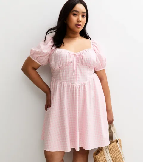 Women's Plus Size Light Pink Gingham Check Milkmaid Mini Dress Curves