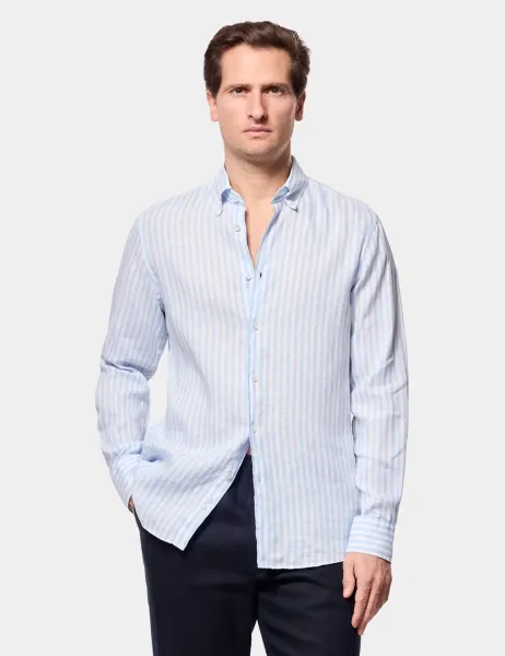 Hawes & Curtis Regular Fit Pure Linen Striped Shirt Blue Mix