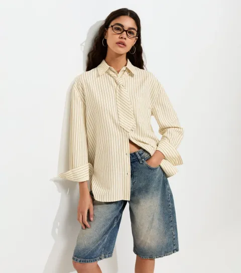 Women's Cream Woven Tie Striped Shirt