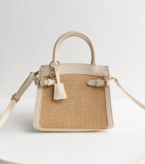 Cream Mini Raffia Look Triple Compartment Cross Body Bag