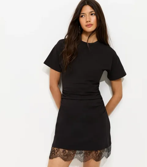 Women's Black Cotton Rich Ruched Lace Hem T-Shirt Dress