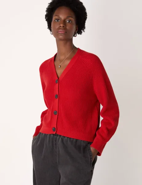 Whistles Pure Cotton Ribbed V-Neck Cardigan Red