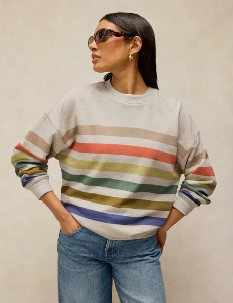 White Stuff Cotton Rich Striped Longline Sweatshirt Natural Mix