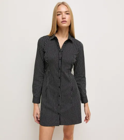 New Look Women's Black Pinstripe Fitted Long Sleeve Shirt Mini Dress