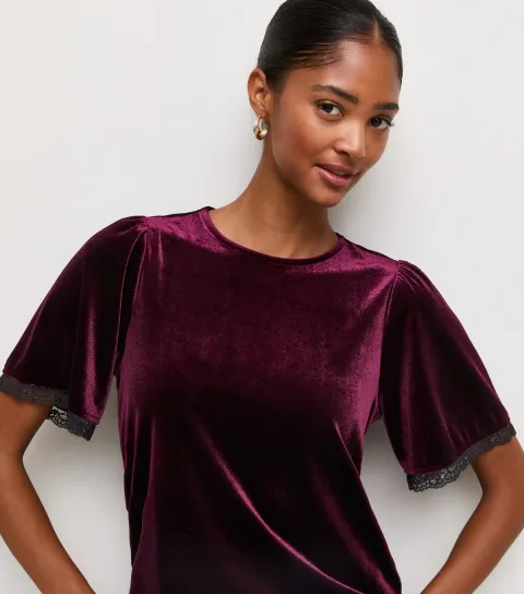 Women's Dark Burgundy Velvet Lace Trim T-Shirt