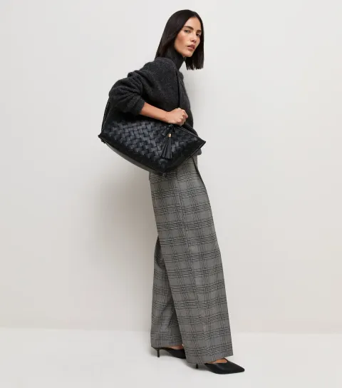 New Look Women's Grey Check Front Pleat Barrel Leg Trousers