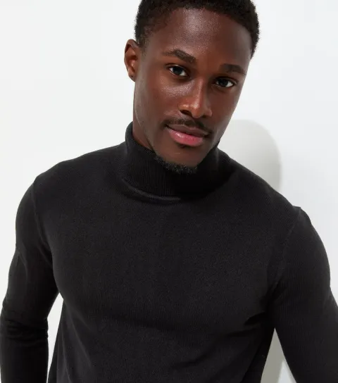Men's Black Regular Fit Knitted Roll Neck Jumper