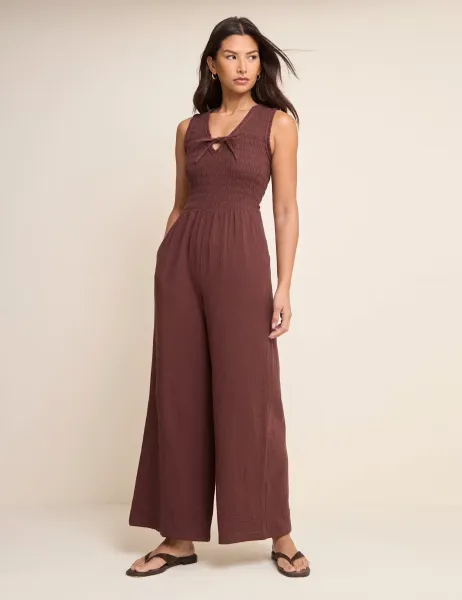 Nobody's Child Pure Cotton Shirred Sleeveless Jumpsuit Brown