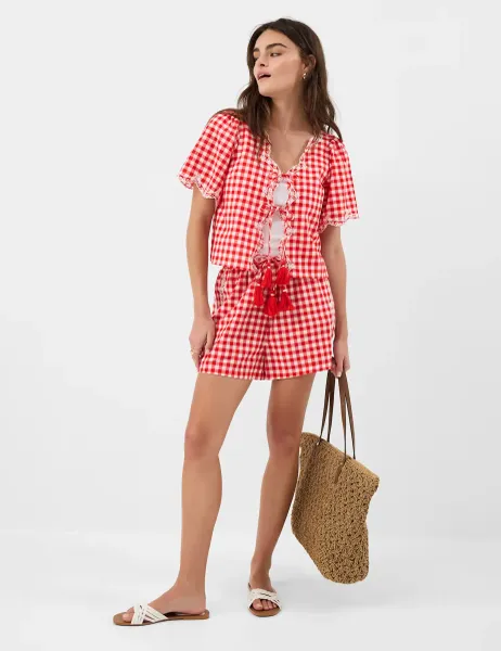 Accessorize Pure Cotton Gingham Tie Front Blouse Red Mix