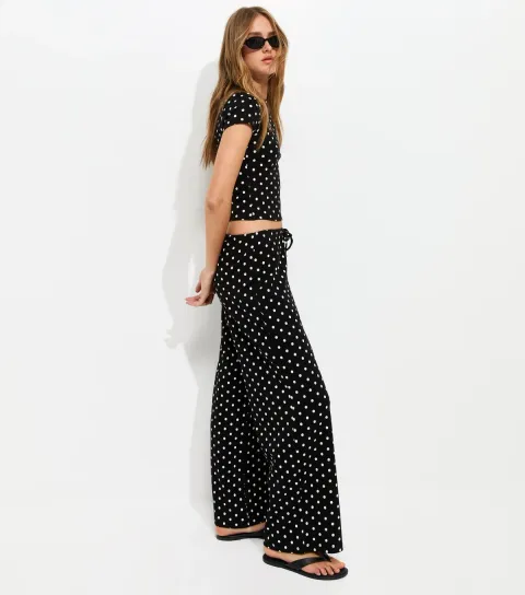 Women's Black Cotton Rich Polka Dot Wide Leg Trousers