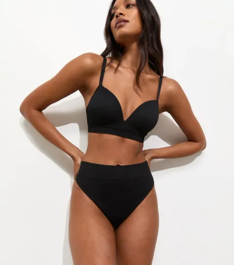 Women's Black Ribbed Seamless High Leg Thong