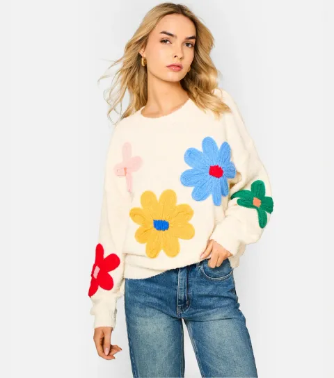 Women's Cream and Multi Colour Floral Knitted Jumper