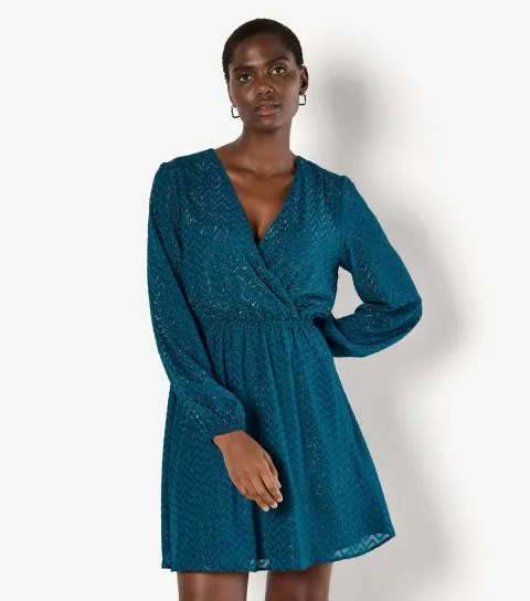 Women's Blue Jacquard Wrap Mini Dress