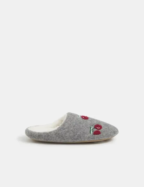 Accessorize Embroidered Cherry Felt Mule Slippers Grey