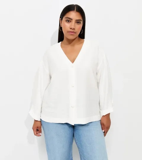 Women's Plus Size Cream Crinkle Texture Cropped Sleeve Shirt Curves