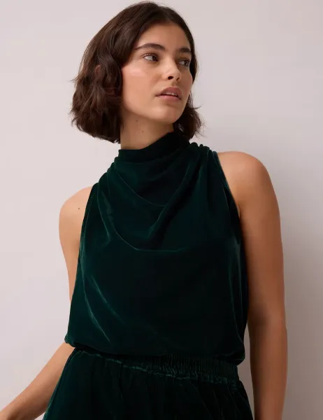 Velvet Cowl Neck Regular Fit Vest Dark Green