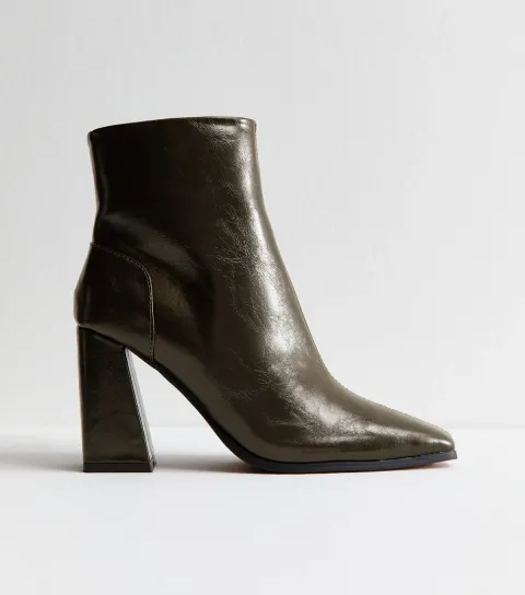 New Look Women's Dark Khaki Faux Leather Square Toe Ankle Boots Vegan