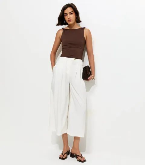 Women's White Cropped Wide Leg Trousers