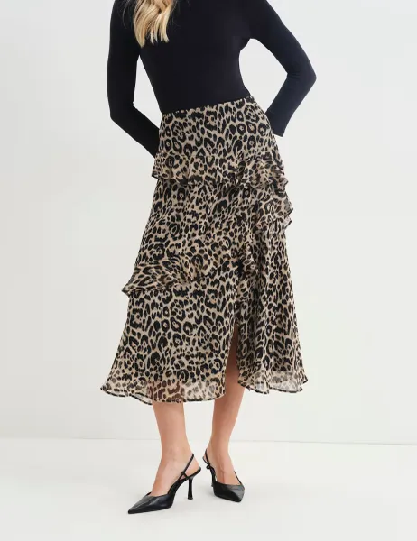 Finery London Leopard Print Asymmetric Ruffle Midi Tiered Skirt Natural Mix
