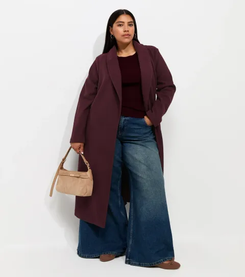 New Look Women's Plus Size Dark Burgundy Shawl Lapel Midi Coat Curves