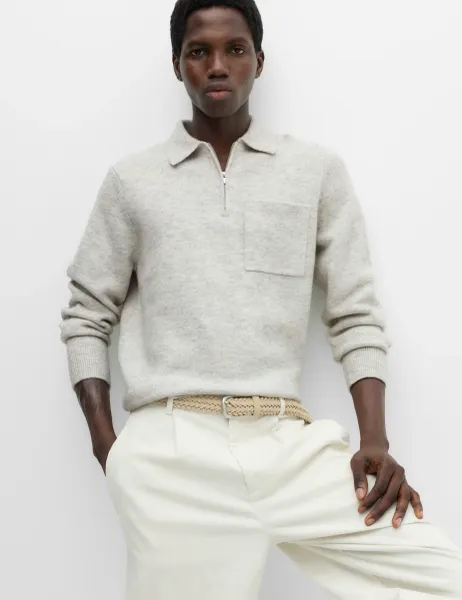 Marks & Spencer Supersoft Quarter Zip Knitted Polo Shirt Mid Grey Marl