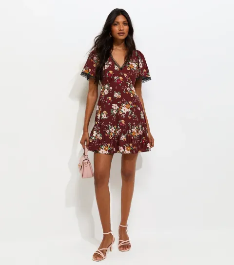 Women's Red Floral Lace Trim Mini Tea Dress