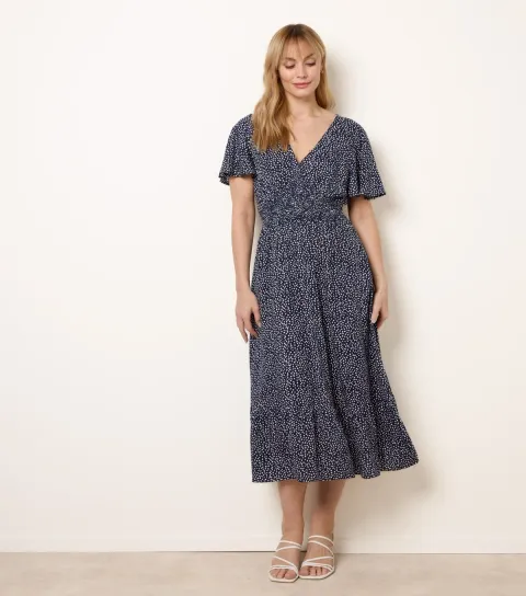 Women's Navy Angel Sleeve Shirred Waist Midi Dress