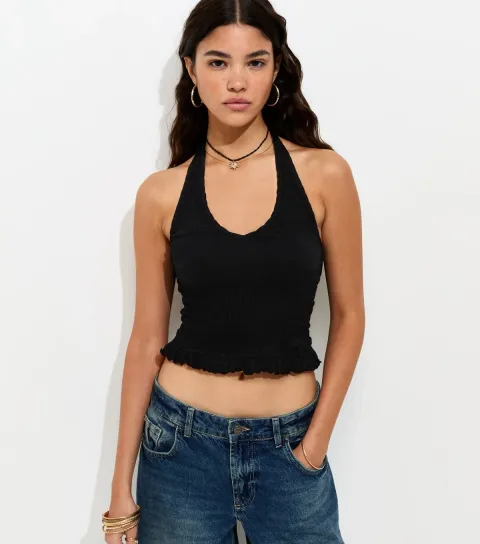 Women's Black Shirred Halter Neck Vest