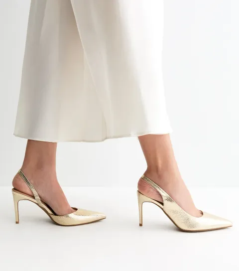 Women's Gold Faux Leather Slingback Court Shoes Vegan