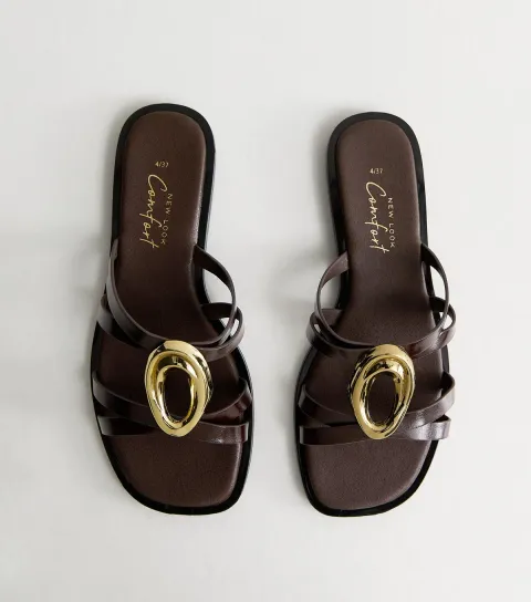 Women's Dark Brown Gold Abstract Buckle Mule Sandals