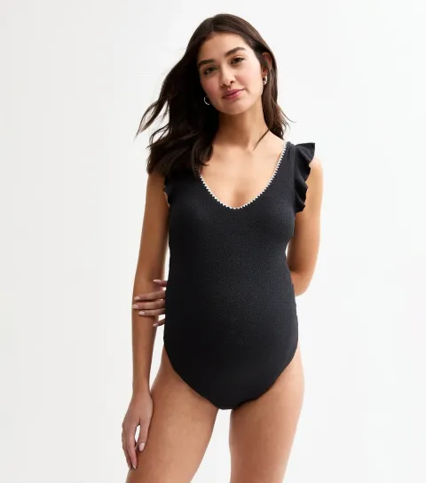 Women's Maternity Black Textured Jersey Blanket Stitch Swimsuit