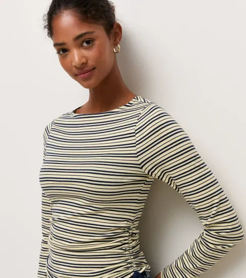 Women's Blue Cotton Rich Striped Tie Side Corset Waist Top