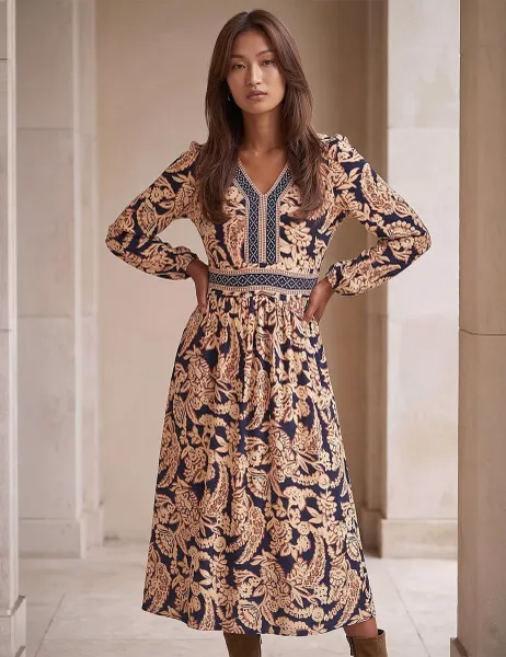 Roman Floral Border Print V-Neck Midi Skater Dress Natural Mix