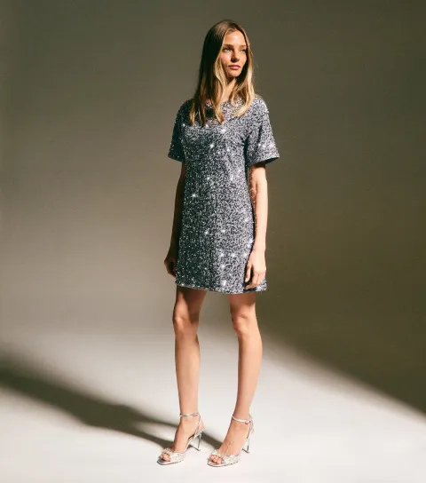 Women's Silver Velvet Sequin T-Shirt Dress