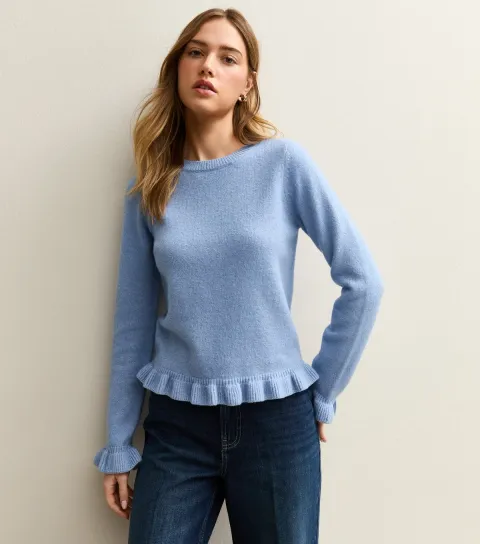 Women's Blue Frill Trim Crew Neck Jumper