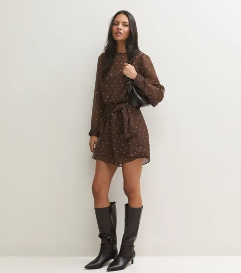 New Look Women's Brown Chiffon Spot Print Belted Mini Dress