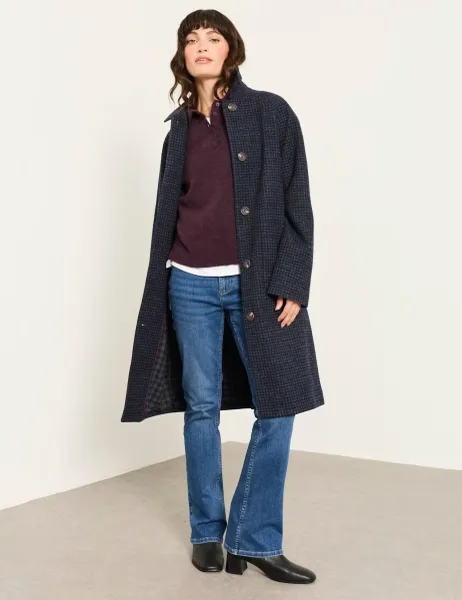 FatFace Pure Wool Checked Longline Coat Navy Mix