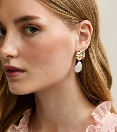Gold Tone Beaten Circle Faux Pearl Drop Earring