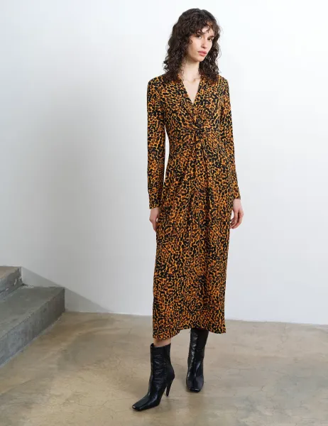 French Connection Animal Print Textured Collared Midi Column Dress Orange Mix