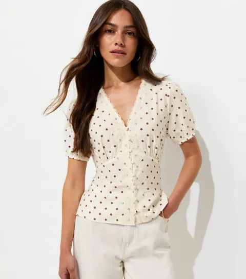 Women's Petite Brown Spot Print Lace Trim Tea Blouse
