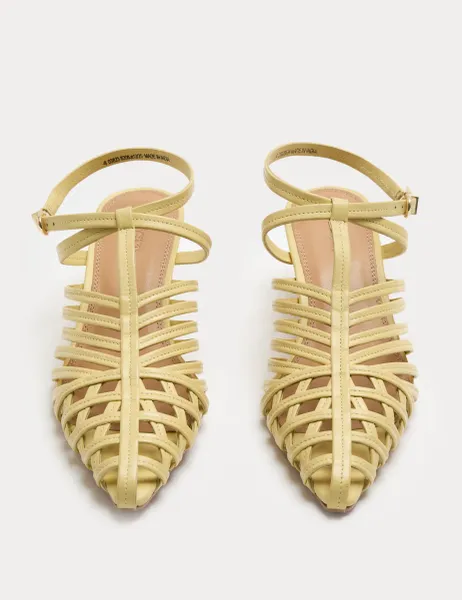 Jaeger Leather Caged Strappy Kitten Heel Sandals Yellow