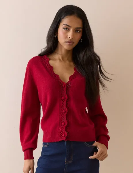 Nobody's Child Wool Blend Embellished V-Neck Cardigan Red