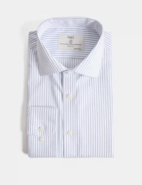 Marks & Spencer Ultimate Slim Fit Non Iron Striped Shirt Blue Mix