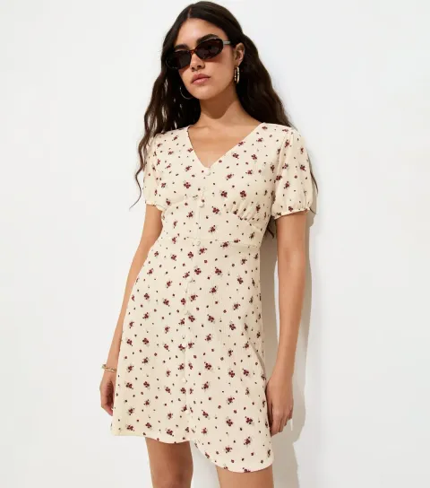 Women's White Floral V-Neck Short Sleeve Mini Dress