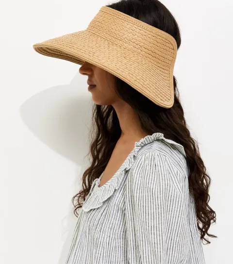 Tan Oversized Braided Straw Visor Hat