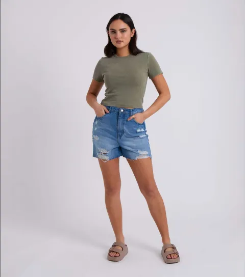 Women's Mid Blue Ripped Mum Shorts