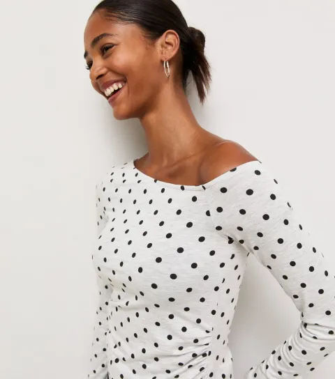 Women's Grey Polka Dot Long Sleeve Off the Shoulder Top