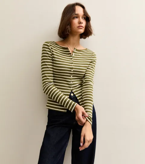 Women's Green Striped Crew Neck Cardigan